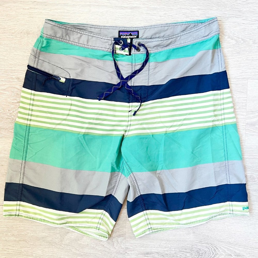 Patagonia Green, Navy & Gray Striped Board Shorts or Swim Trunks, 36 Waist
